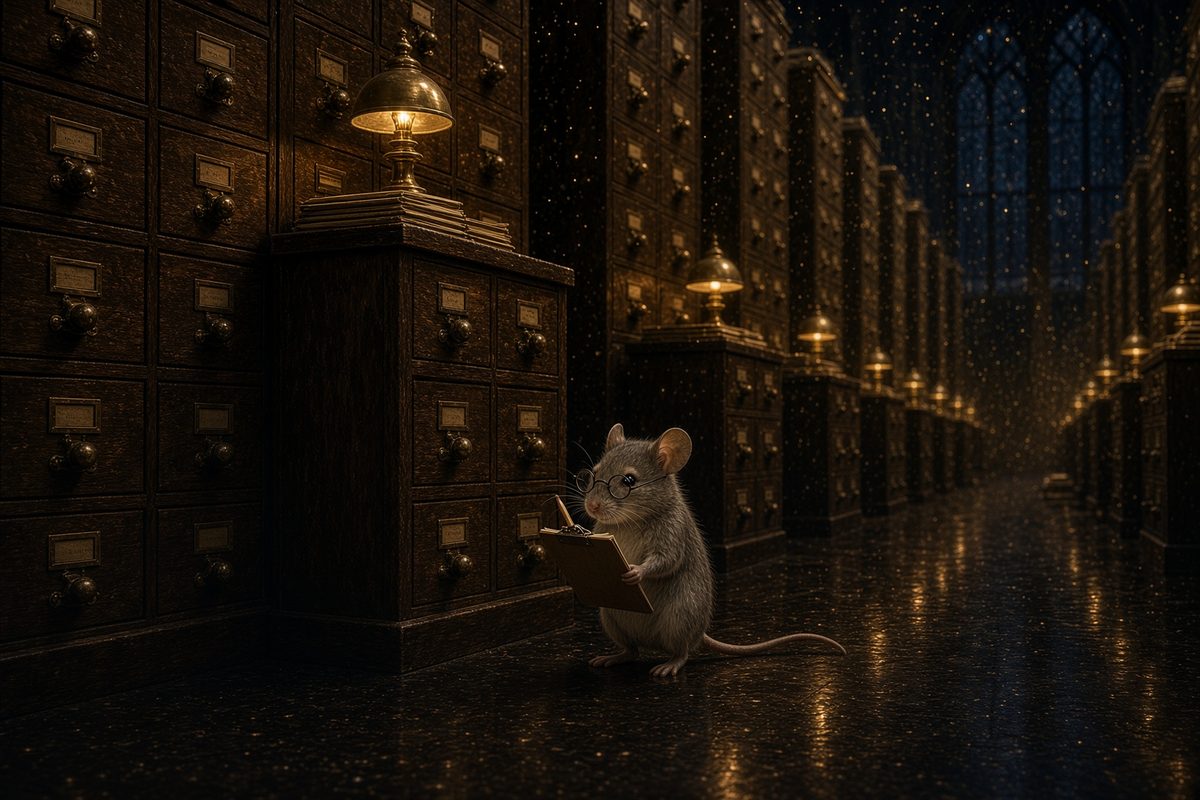 A mouse standing with a clipboard, reviewing a calculation as if this were ordinary night-shift work.