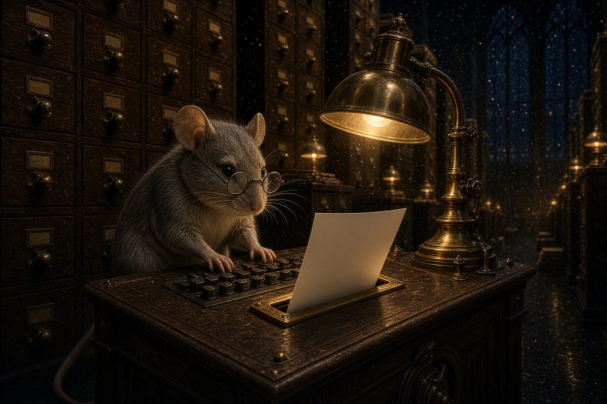 A mouse at a brass receiving console watching a printout arrive.