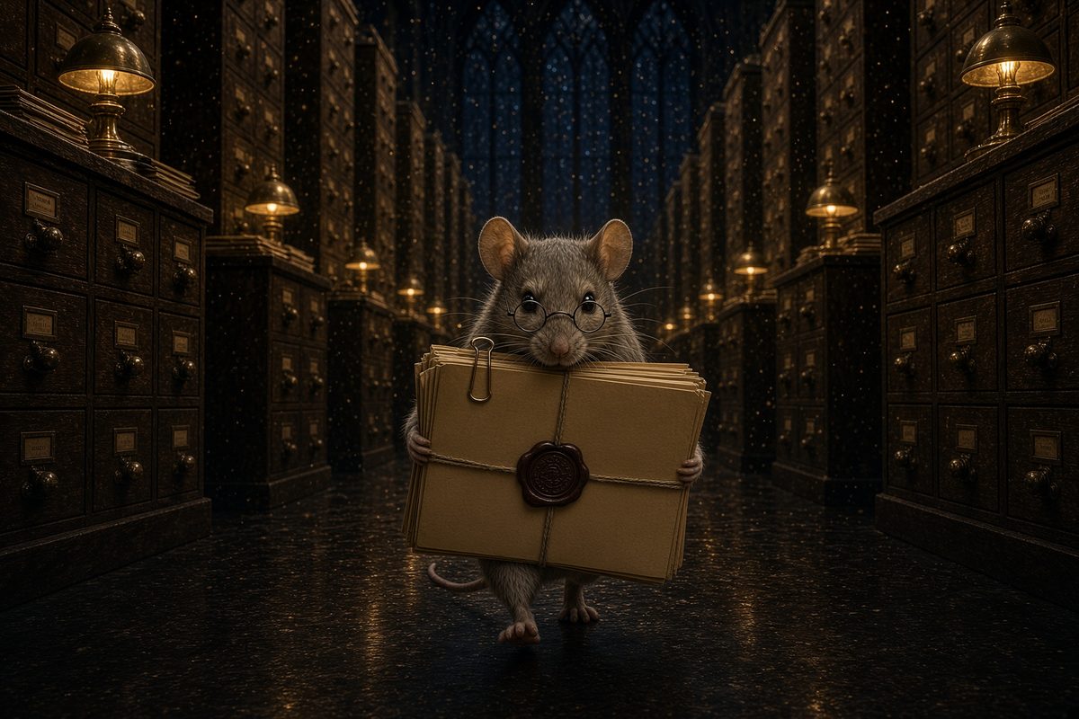 A spectacled mouse carrying an official sealed dossier through the archive.