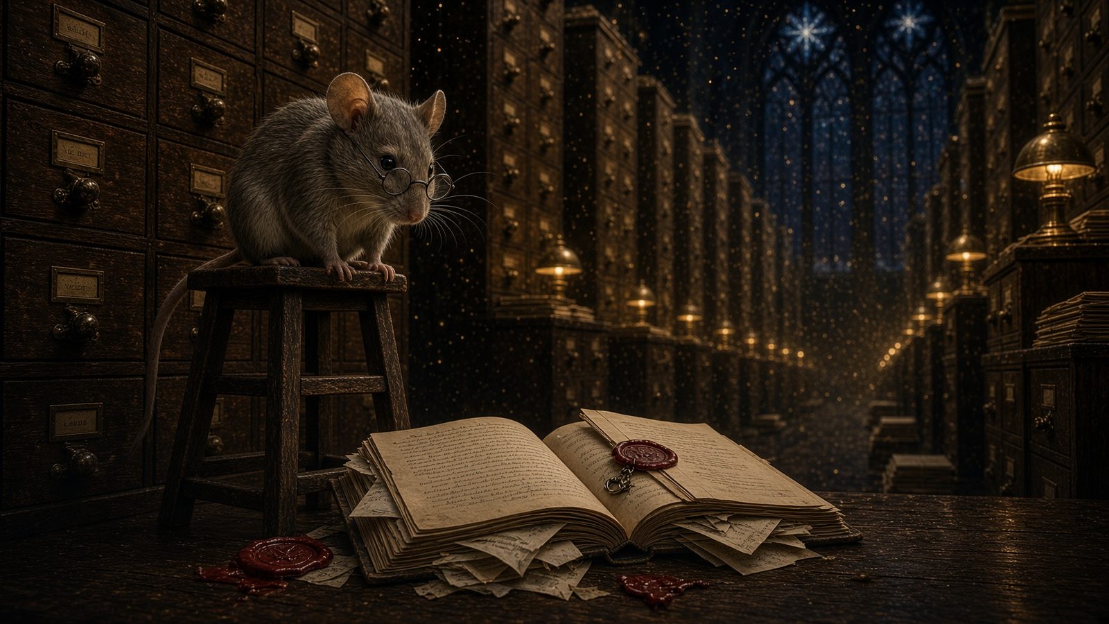 A mouse on a stool staring at a ledger whose extra slips have created a paperwork problem.